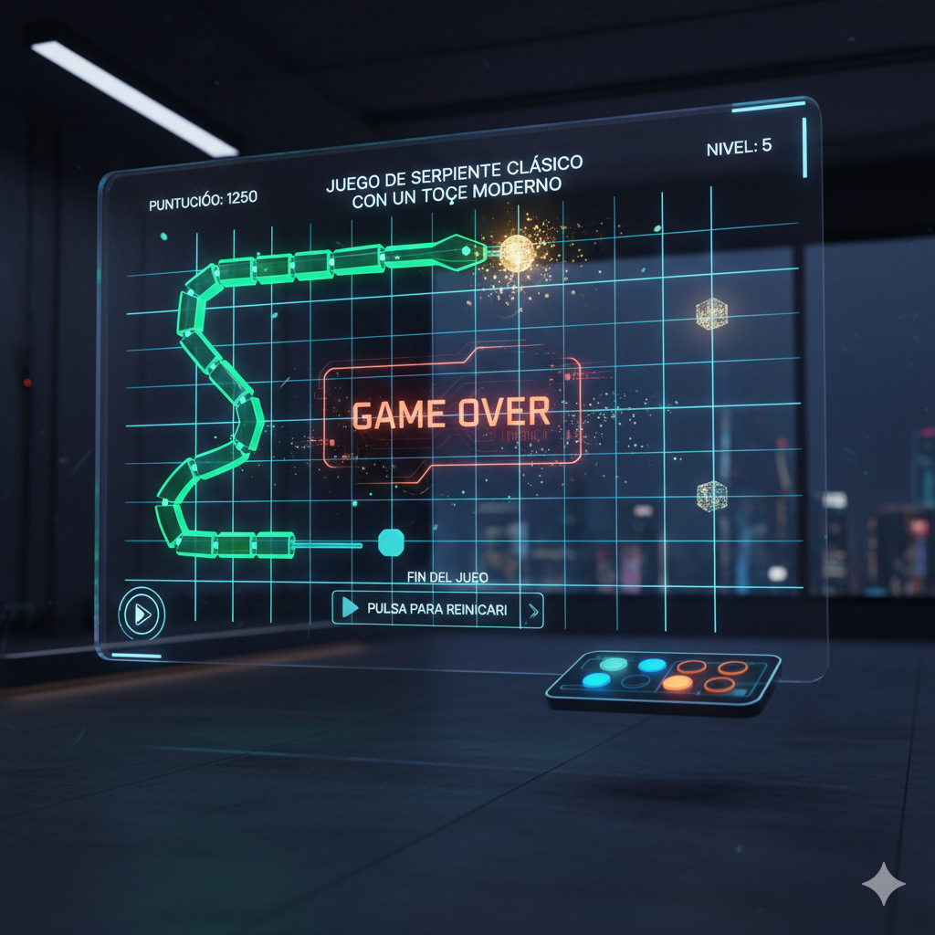 Interfaz futurista del juego Snake con HUD holográfico